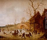 A Winter Landscape With Skaters, Children Playing Kolf And Figures With Sledges On The Ice Near A Bridge by Isack van Ostade